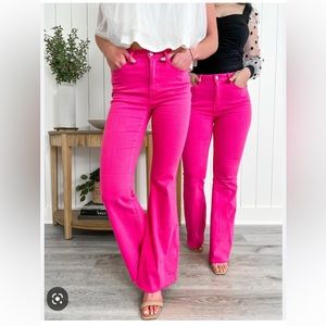 Judy Blue The Dolly High Rise Garment Dye Hot Pink Flare Denim Jeans NWT